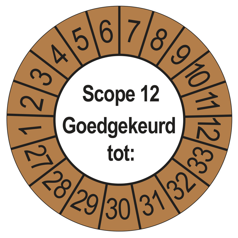 Keuringssticker SCIOS Scope 12 Goedgekeurd tot, buiten bruin, Ø 35 mm