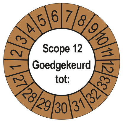 Keuringssticker SCIOS Scope 12 Goedgekeurd tot, buiten bruin, Ø 35 mm