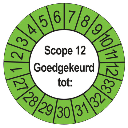 Keuringssticker SCIOS Scope 12 Goedgekeurd tot, buiten groen, Ø 35 mm