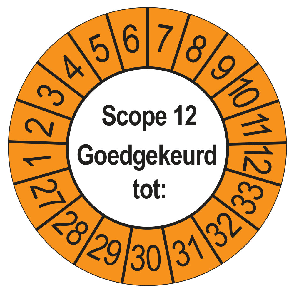 Keuringssticker SCIOS Scope 12 Goedgekeurd tot, buiten oranje, Ø 35 mm