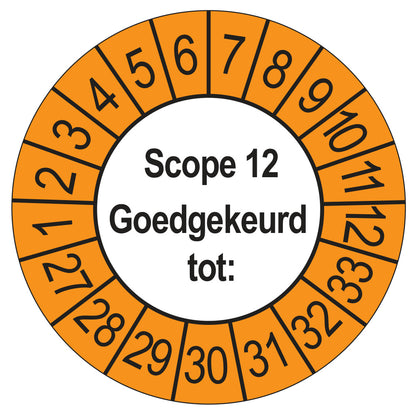 Keuringssticker SCIOS Scope 12 Goedgekeurd tot, buiten oranje, Ø 35 mm