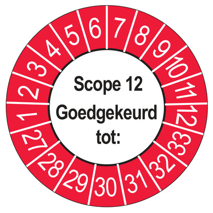 Keuringssticker SCIOS Scope 12 Goedgekeurd tot, buiten rood, Ø 35 mm