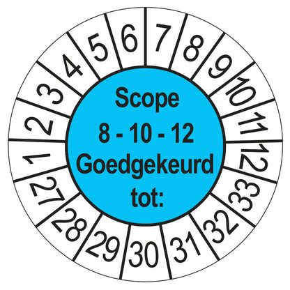 Keuringssticker SCIOS Scope 8/10/12 Goedgekeurd tot, blauw, Ø 35 mm