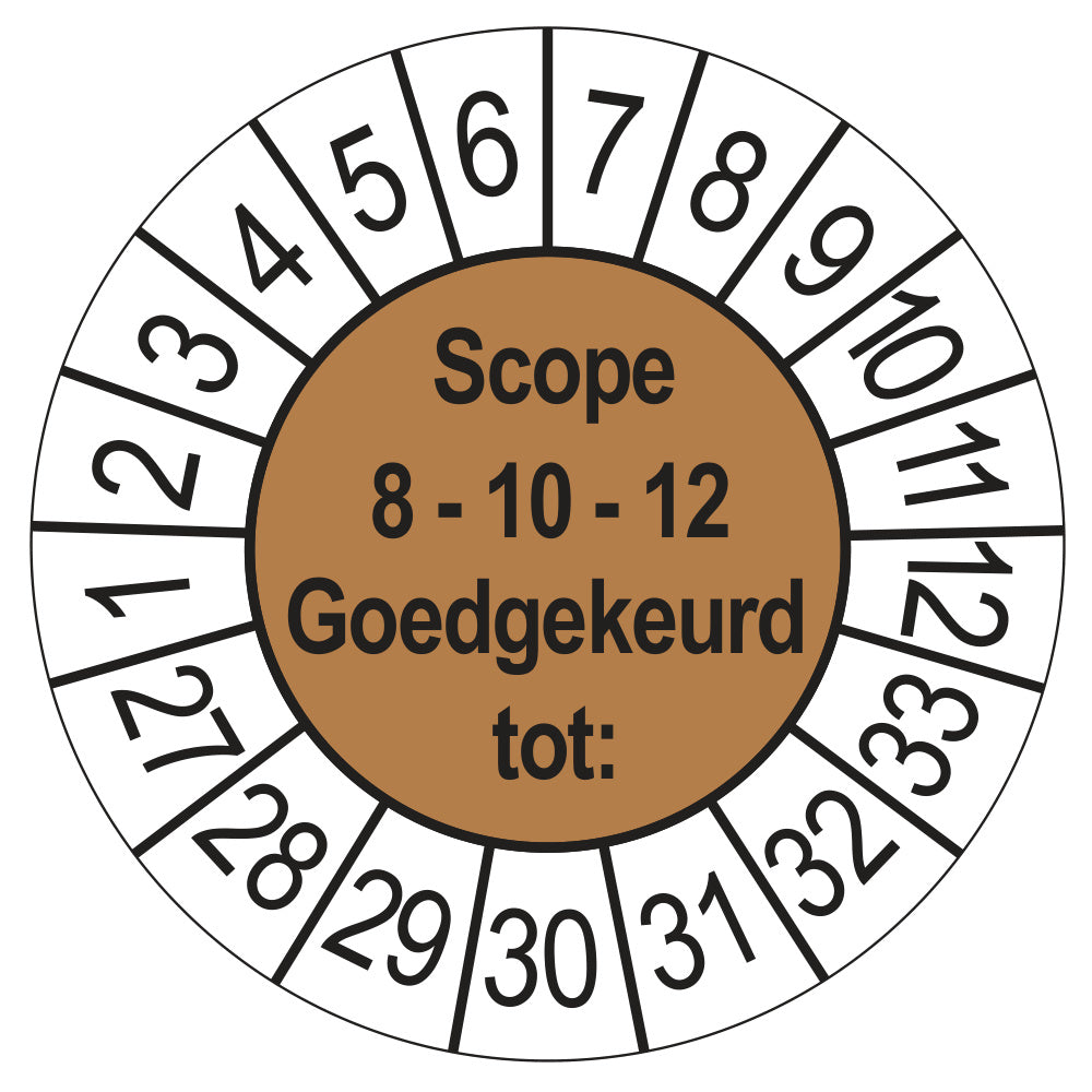 Keuringssticker SCIOS Scope 8/10/12 Goedgekeurd tot, bruin, Ø 35 mm
