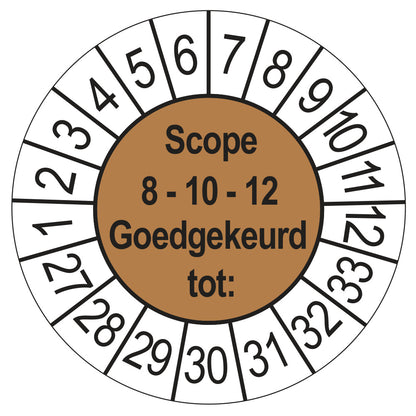 Keuringssticker SCIOS Scope 8/10/12 Goedgekeurd tot, bruin, Ø 35 mm
