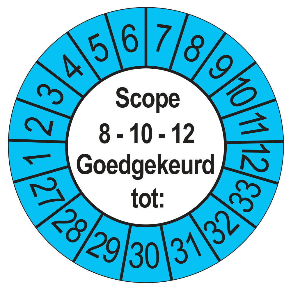 Keuringssticker SCIOS Scope 8/10/12 Goedgekeurd tot, buiten blauw, Ø 35 mm