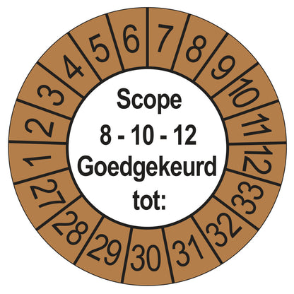 Keuringssticker SCIOS Scope 8/10/12 Goedgekeurd tot, buiten bruin, Ø 35 mm