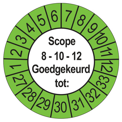 Keuringssticker SCIOS Scope 8/10/12 Goedgekeurd tot, buiten groen, Ø 35 mm