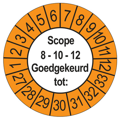 Keuringssticker SCIOS Scope 8/10/12 Goedgekeurd tot, buiten oranje, Ø 35 mm