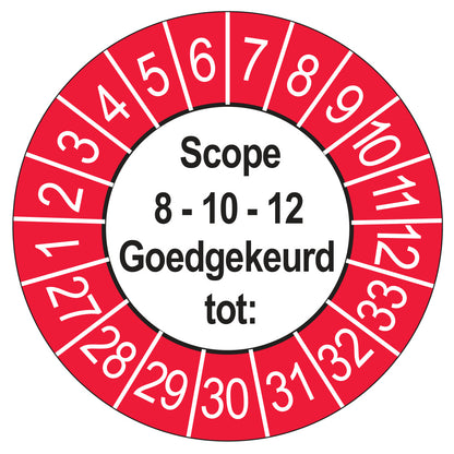 Keuringssticker SCIOS Scope 8/10/12 Goedgekeurd tot, buiten rood, Ø 35 mm