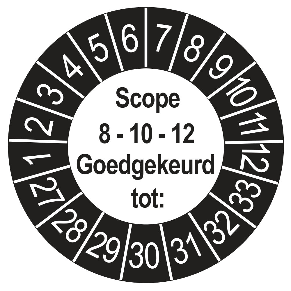 Keuringssticker SCIOS Scope 8/10/12 Goedgekeurd tot, buiten zwart, Ø 35 mm