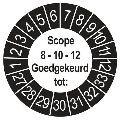 Keuringssticker SCIOS Scope 8/10/12 Goedgekeurd tot, buiten zwart, Ø 35 mm
