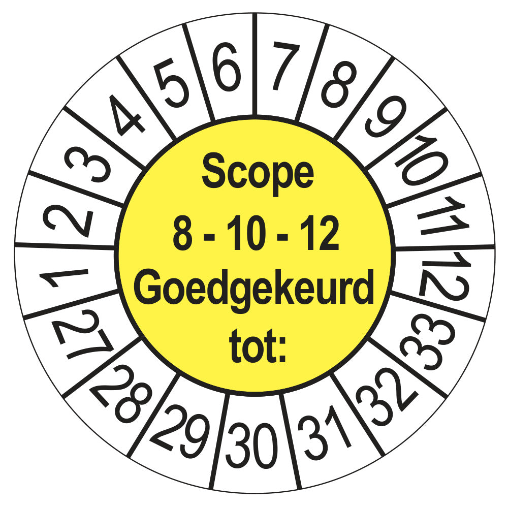 Keuringssticker SCIOS Scope 8/10/12 Goedgekeurd tot, geel, Ø 35 mm