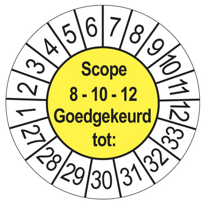 Keuringssticker SCIOS Scope 8/10/12 Goedgekeurd tot, geel, Ø 35 mm
