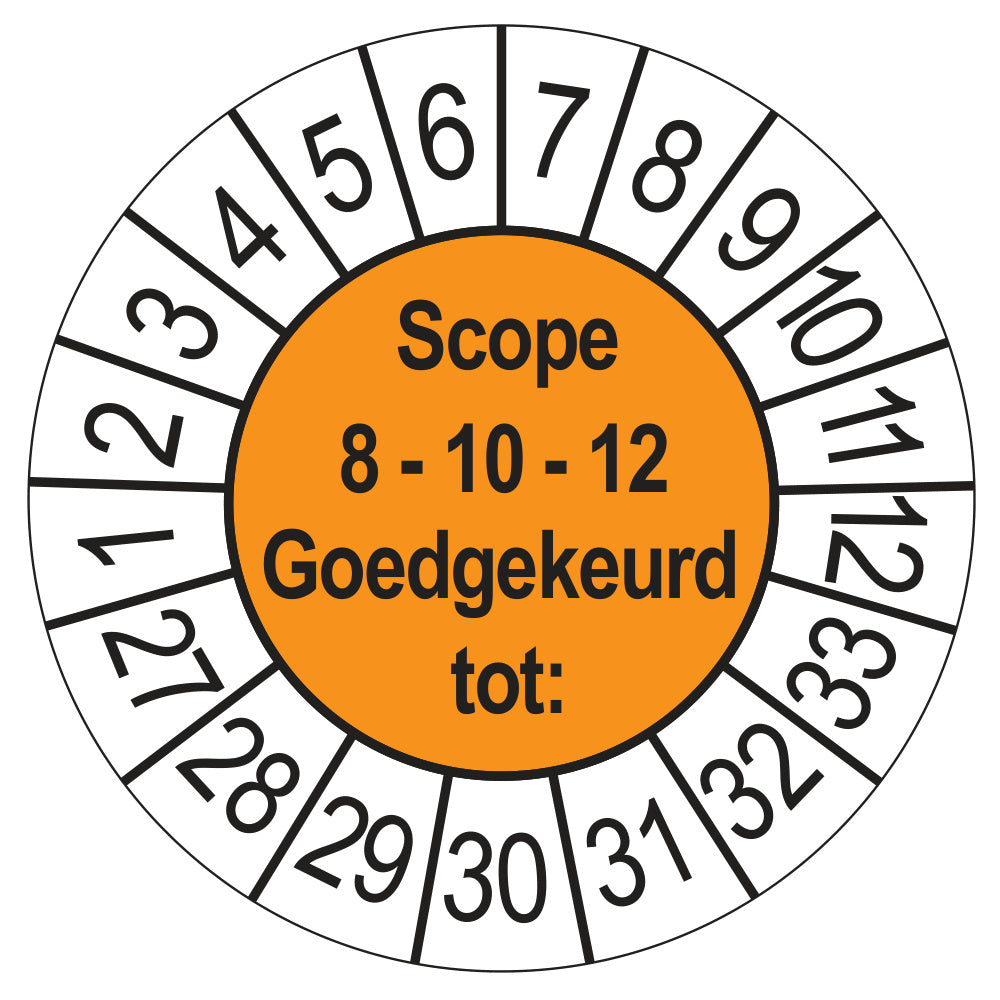 Keuringssticker SCIOS Scope 8/10/12 Goedgekeurd tot, oranje, Ø 35 mm