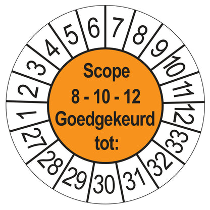 Keuringssticker SCIOS Scope 8/10/12 Goedgekeurd tot, oranje, Ø 35 mm