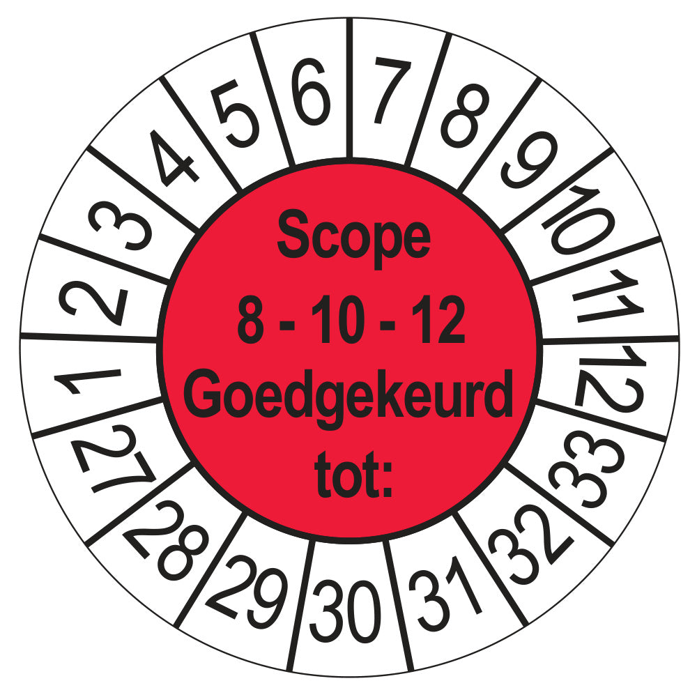 Keuringssticker SCIOS Scope 8/10/12 Goedgekeurd tot, rood, Ø 35 mm