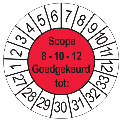Keuringssticker SCIOS Scope 8/10/12 Goedgekeurd tot, rood, Ø 35 mm