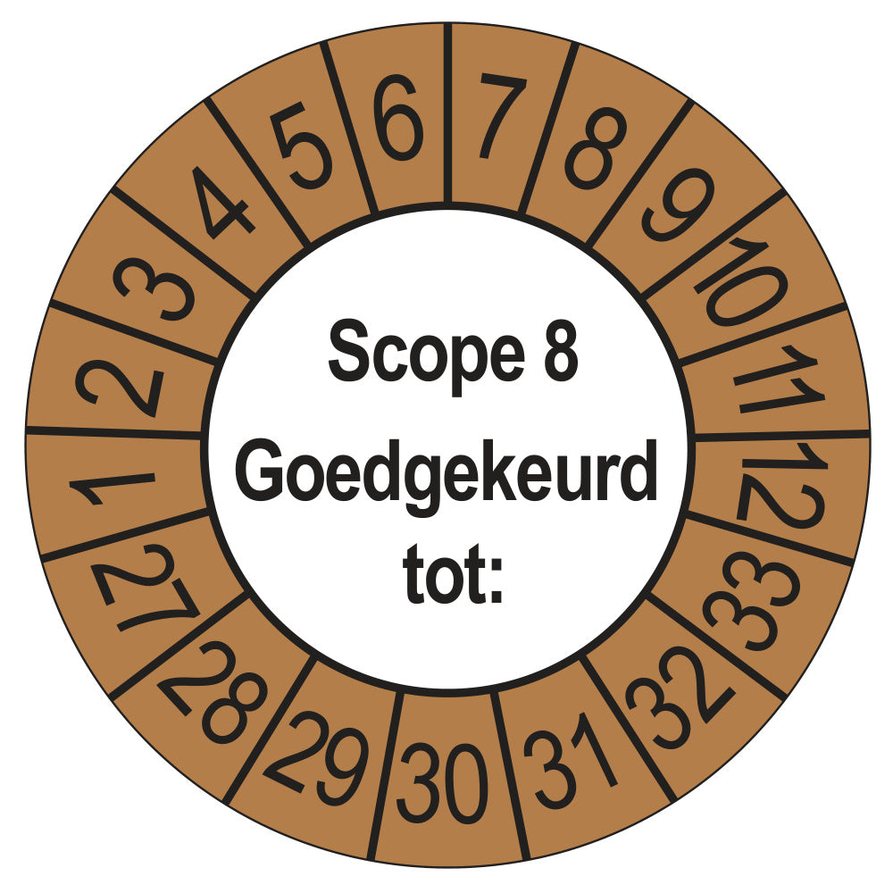 Keuringssticker SCIOS Scope 8 Goedgekeurd tot, buiten bruin, Ø 35 mm