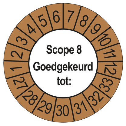 Keuringssticker SCIOS Scope 8 Goedgekeurd tot, buiten bruin, Ø 35 mm