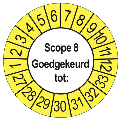 Keuringssticker SCIOS Scope 8 Goedgekeurd tot, buiten geel, Ø 35 mm