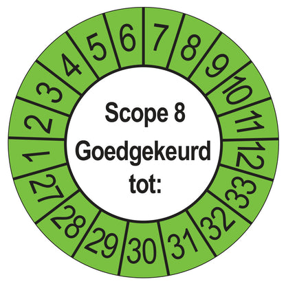 Keuringssticker SCIOS Scope 8 Goedgekeurd tot, buiten groen, Ø 35 mm