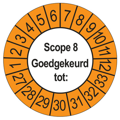 Keuringssticker SCIOS Scope 8 Goedgekeurd tot, buiten oranje, Ø 35 mm