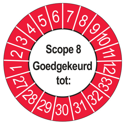 Keuringssticker SCIOS Scope 8 Goedgekeurd tot, buiten rood, Ø 35 mm