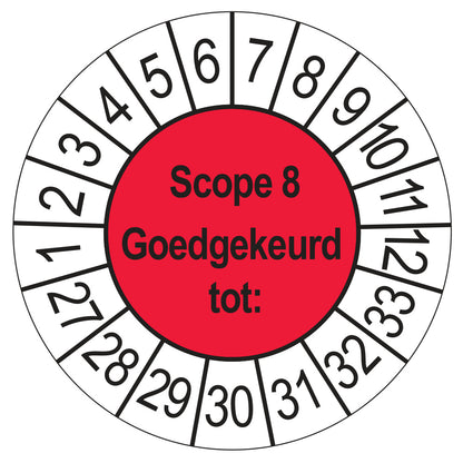 Keuringssticker SCIOS Scope 8 Goedgekeurd tot, rood, Ø 35 mm