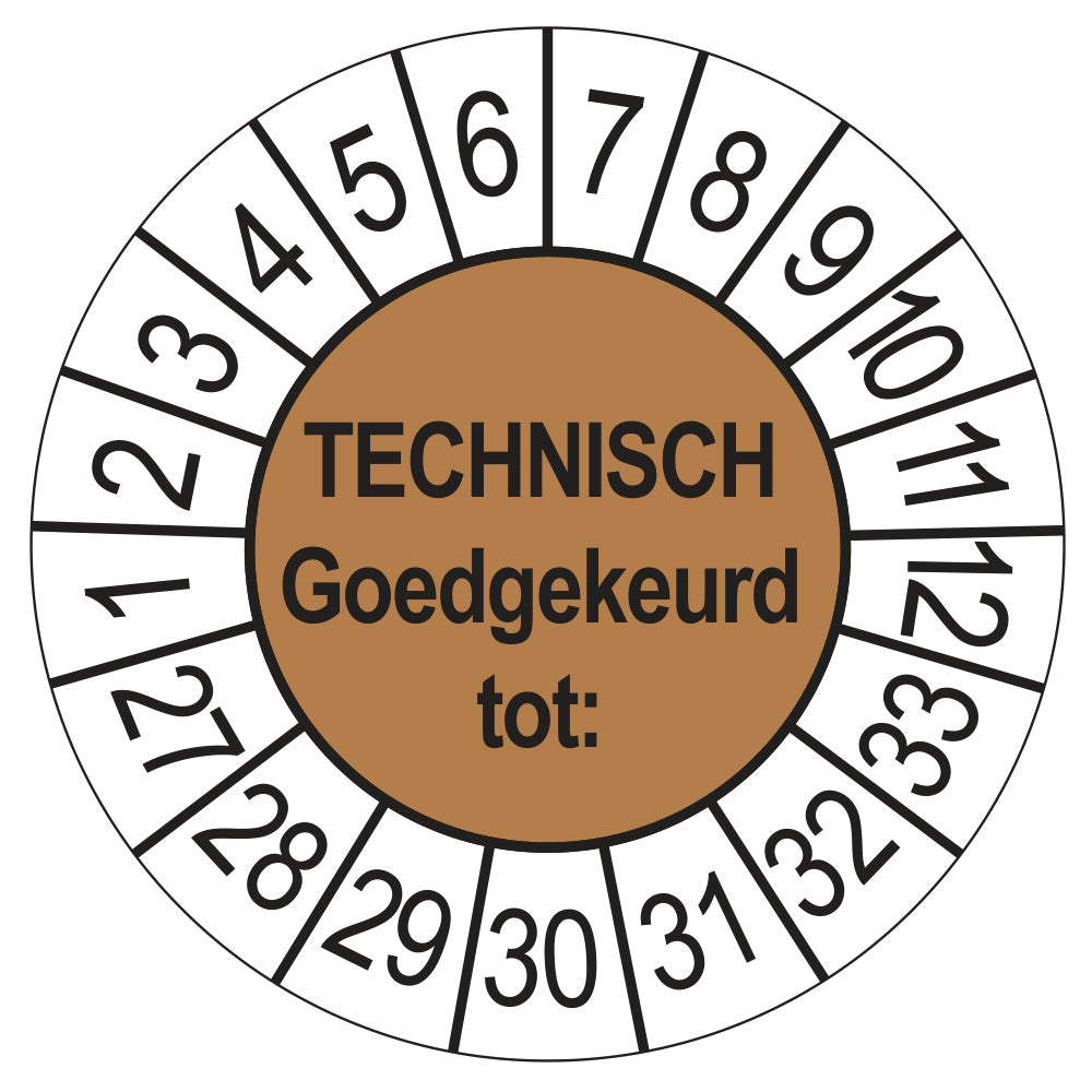 Keuringssticker Technisch Goedgekeurd tot bruin, Ø 35 mm