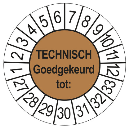 Keuringssticker Technisch Goedgekeurd tot bruin, Ø 35 mm