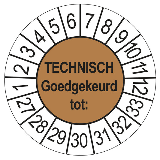 Keuringssticker Technisch Goedgekeurd tot bruin, Ø 35 mm