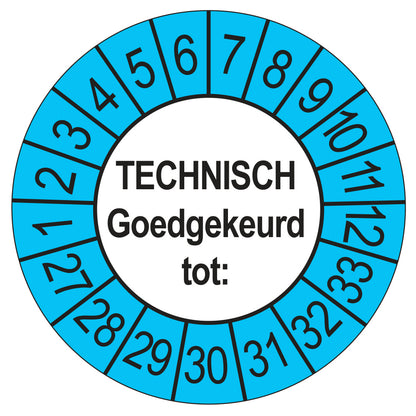 Keuringssticker Technisch Goedgekeurd tot buiten blauw, Ø 35 mm