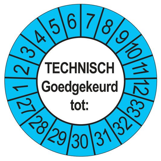 Keuringssticker Technisch Goedgekeurd tot buiten blauw, Ø 35 mm