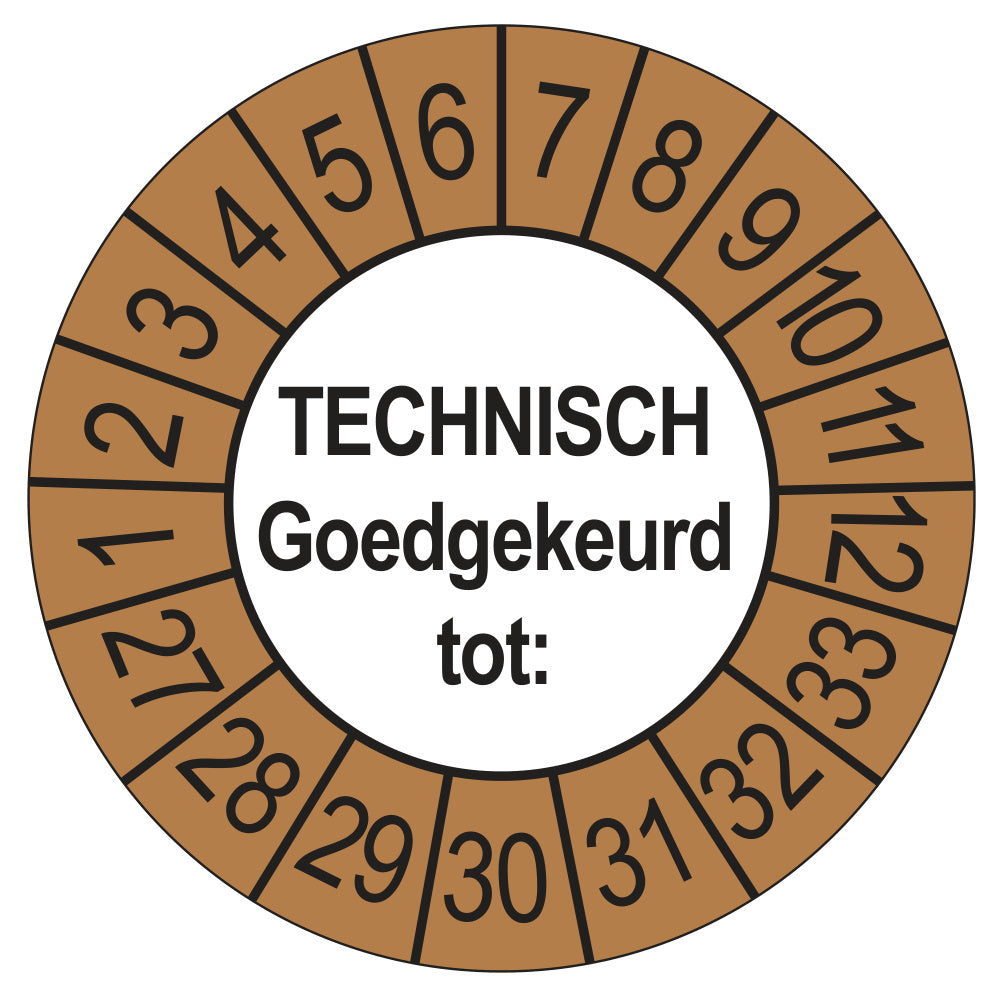 Keuringssticker Technisch Goedgekeurd tot buiten bruin, Ø 35 mm