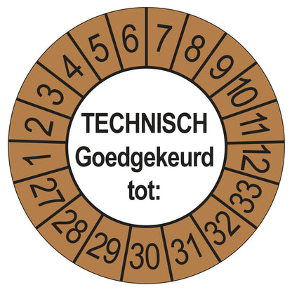 Keuringssticker Technisch Goedgekeurd tot buiten bruin, Ø 35 mm