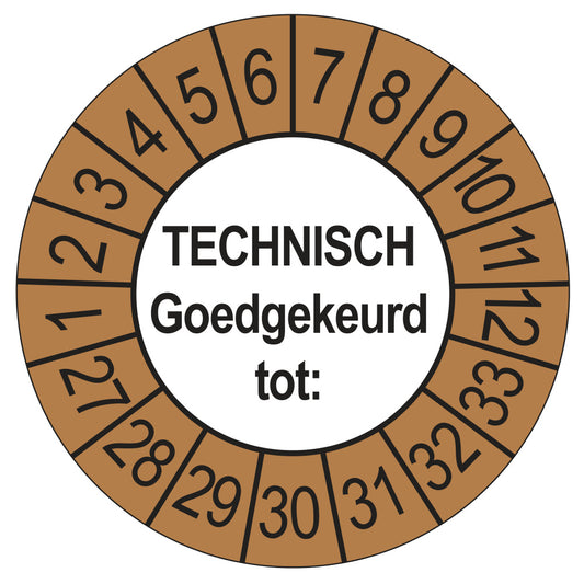 Keuringssticker Technisch Goedgekeurd tot buiten bruin, Ø 35 mm