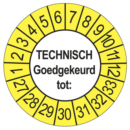 Keuringssticker Technisch Goedgekeurd tot buiten geel, Ø 35 mm