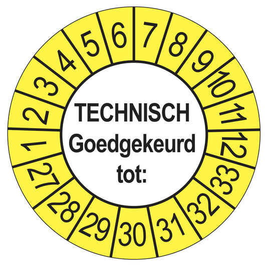 Keuringssticker Technisch Goedgekeurd tot buiten geel, Ø 35 mm