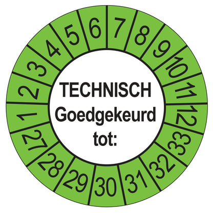 Keuringssticker Technisch Goedgekeurd tot buiten groen, Ø 35 mm