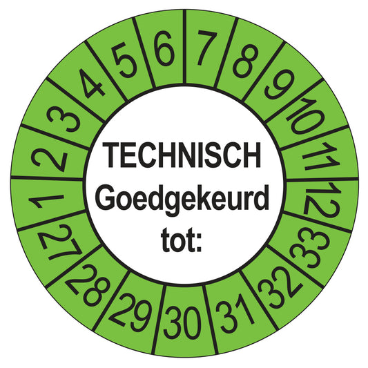 Keuringssticker Technisch Goedgekeurd tot buiten groen, Ø 35 mm