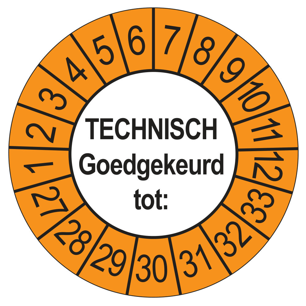 Keuringssticker Technisch Goedgekeurd tot buiten oranje, Ø 35 mm