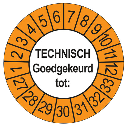 Keuringssticker Technisch Goedgekeurd tot buiten oranje, Ø 35 mm