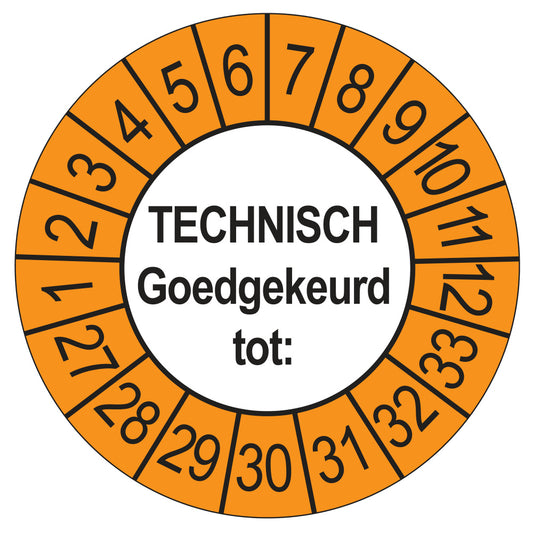 Keuringssticker Technisch Goedgekeurd tot buiten oranje, Ø 35 mm