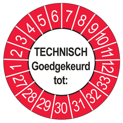 Keuringssticker Technisch Goedgekeurd tot buiten rood, Ø 35 mm