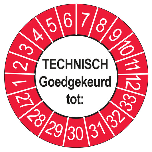 Keuringssticker Technisch Goedgekeurd tot buiten rood, Ø 35 mm