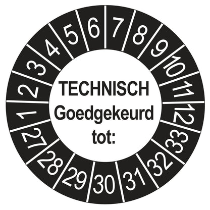 Keuringssticker Technisch Goedgekeurd tot buiten zwart, Ø 35 mm