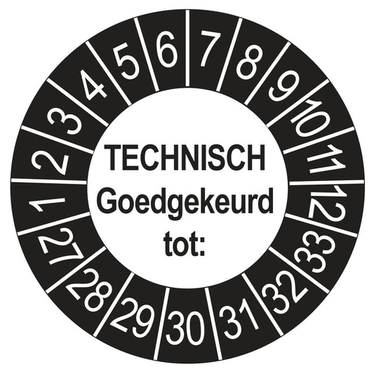 Keuringssticker Technisch Goedgekeurd tot buiten zwart, Ø 35 mm
