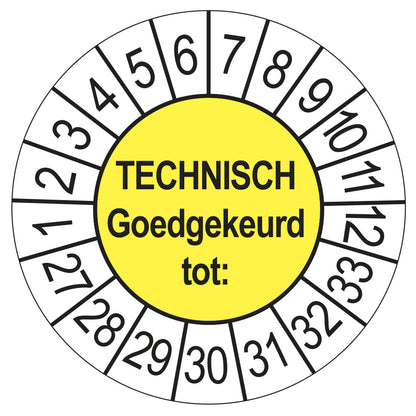 Keuringssticker Technisch Goedgekeurd tot geel, Ø 35 mm