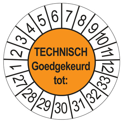 Keuringssticker Technisch Goedgekeurd tot oranje, Ø 35 mm